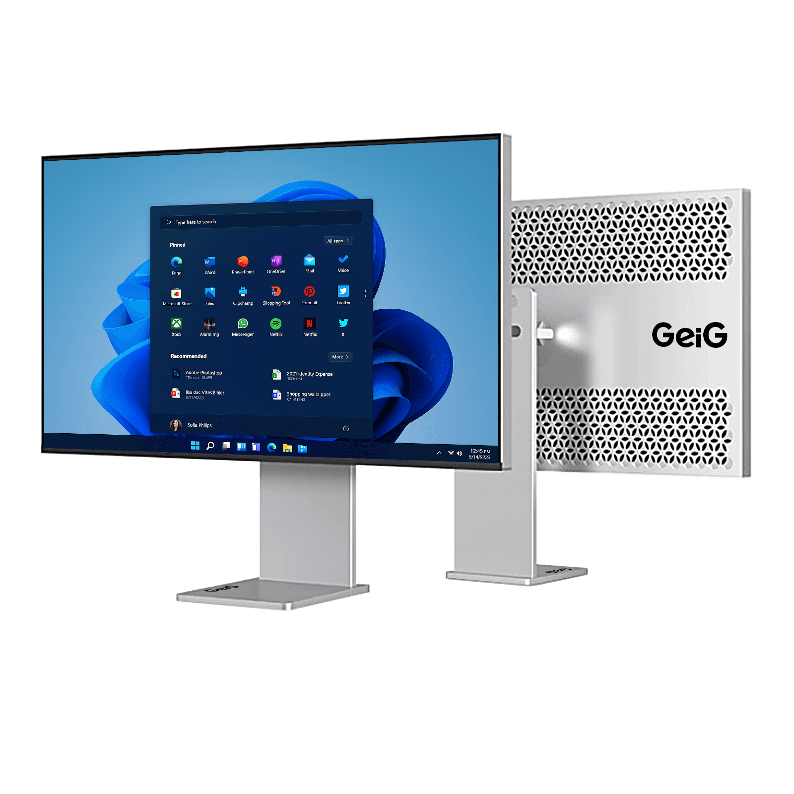Dade View monitor showing the main parts of a GeiG deal: devices, cloud and compute, secure access, warranty and support, renewal and recycling.